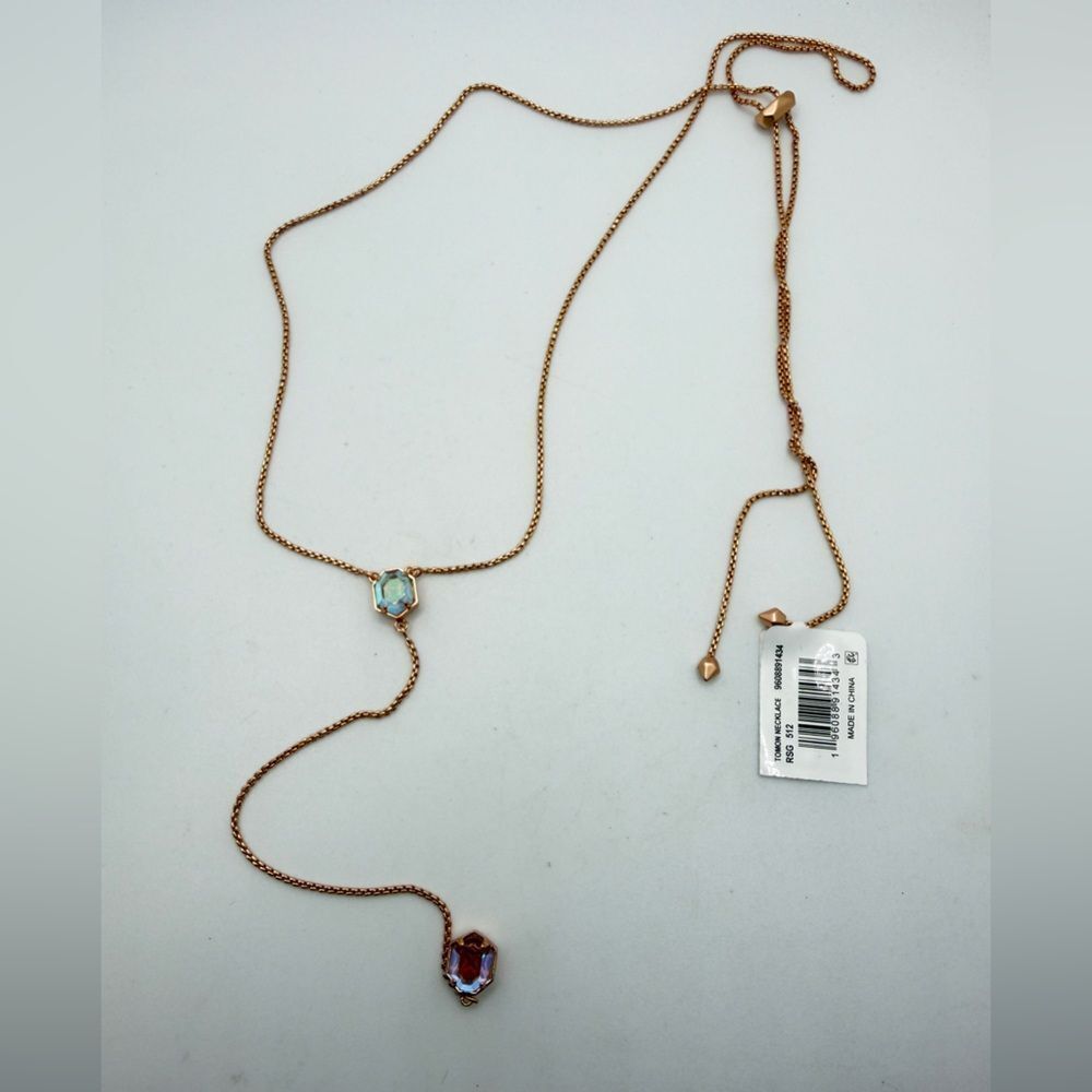 NWT Kendra Scott "Tomon" lariat Necklace in rose gold metal w/ dichroic glass! - Picture 3 of 13